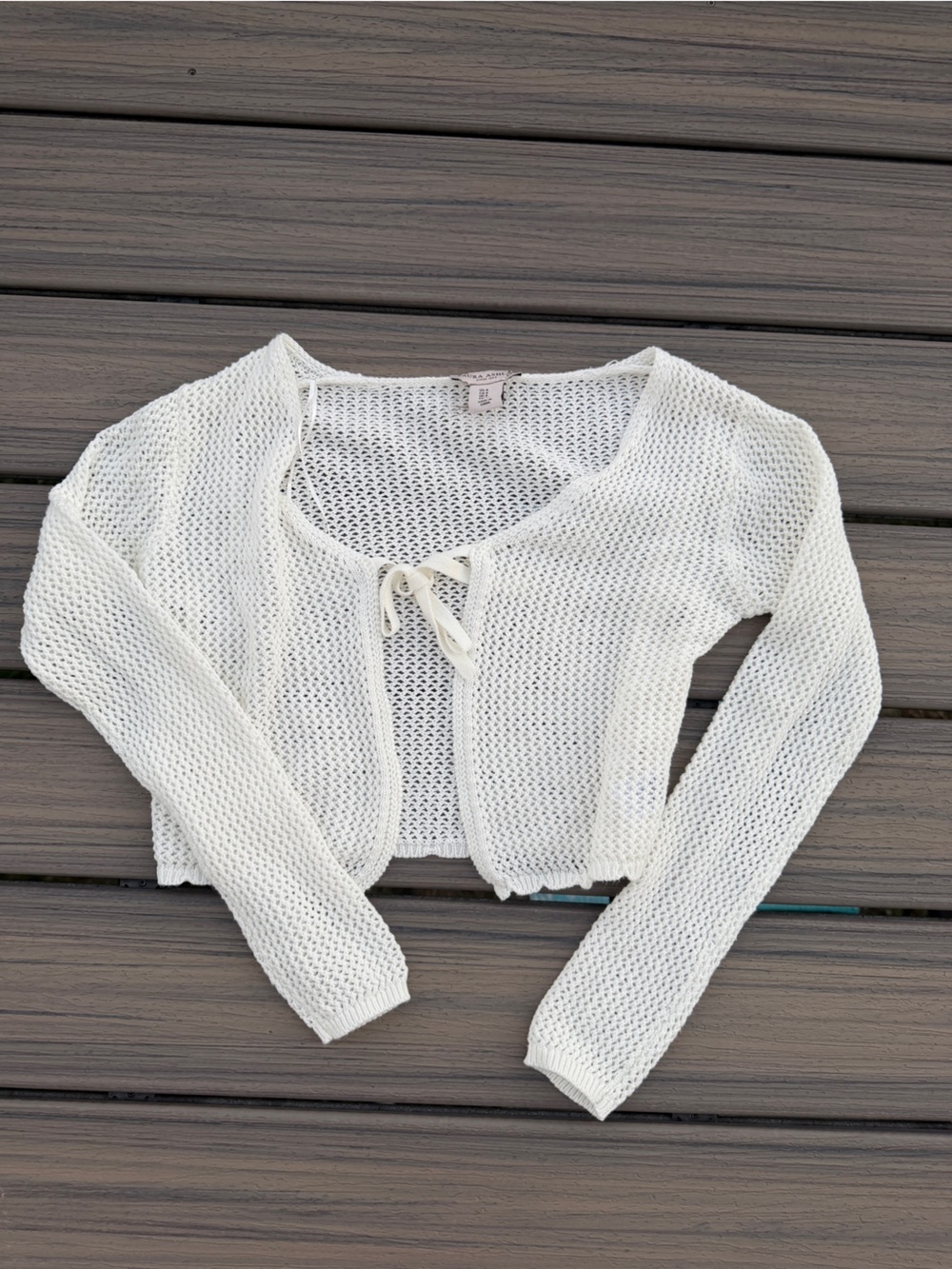 NWOT Laura Ashley Cream Open Knit Tie-Front Cardigan